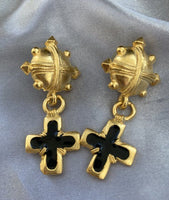 Vintage Black Enamel Dangle Cross Pierced Earrings