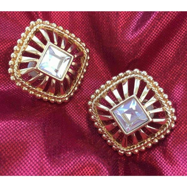 Wow Swarovski Crystal Earrings signed swan Square Gold Tone Statement sparkly button clip on Designer art deco  Runway Vintage  RARE!!