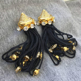 Wow! 80s Gianni De Liguoro Pave Crystal black Fringe long Earrings clip on Signed Gold tone vintage Runway chunky Designer Couture RARE!