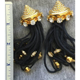 Wow! 80s Gianni De Liguoro Pave Crystal black Fringe long Earrings clip on Signed Gold tone vintage Runway chunky Designer Couture RARE!
