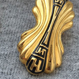 Vintage VTG Fendi Logo Earrings black enamel ribbed Gold tone clip on designer Couture Art Deco signed
