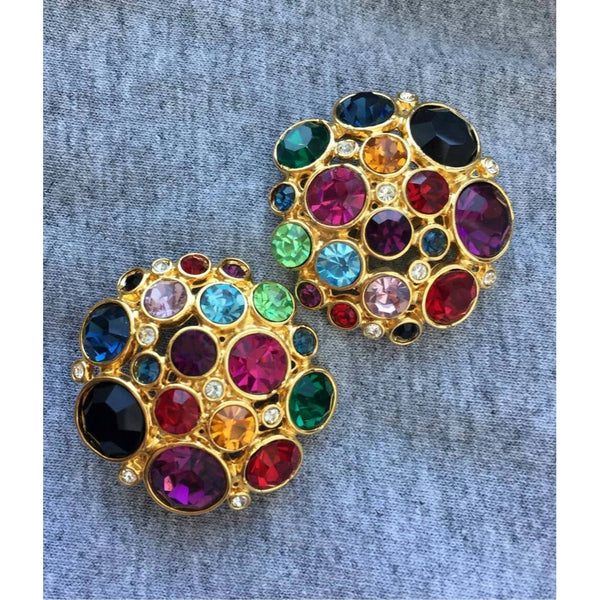 AMAZING! Huge Blanca Colorful rhinestone Crystal Earrings Domed Gold Tone Round clip on chunky Runway Designer Couture statement RARE!