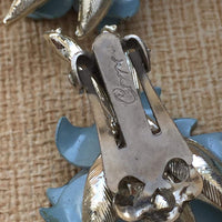 Vintage Designer Coro Blue Enamel Opalescent Flower Pearl Brooch Pin Necklace Set 