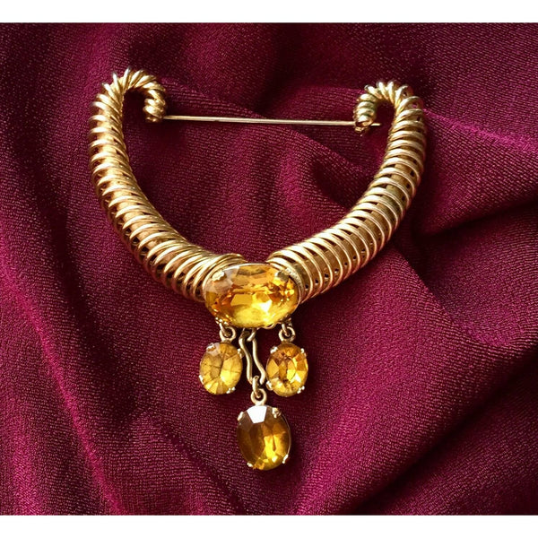 Spectacular! Art Nouveau Style Yellow faceted Crystal Rhinestones Coiled Brooch scarf pin hat purse adornment vintage rare jewelry sparkly
