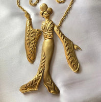 Articulating Geisha girl Necklace Pendant matte Gold Tone