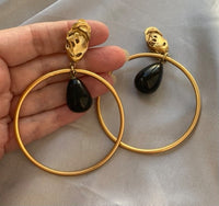 VTG Robert Lee Morris Hoop Earrings Onyx clip on Runway Couture Designer