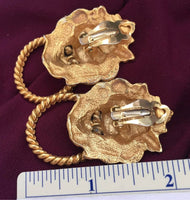 Vtg Lion head Earrings Door Knocker Clip On Gold tone Hoop
