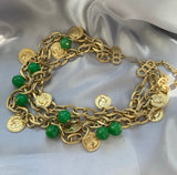 Vtg Multi Chain Choker Necklace  Green Coin Charms