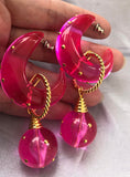 Vintage New Old Stock pink Acrylic Hoop Gold Tone Statement Earrings