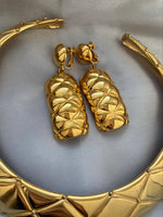 Vintage Les Bernard quilted Choker Chunky Necklace Gold tone with matching Anne Klein quilted earrings