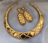 Vintage Les Bernard quilted Choker Chunky Necklace Gold tone with matching Anne Klein quilted earrings