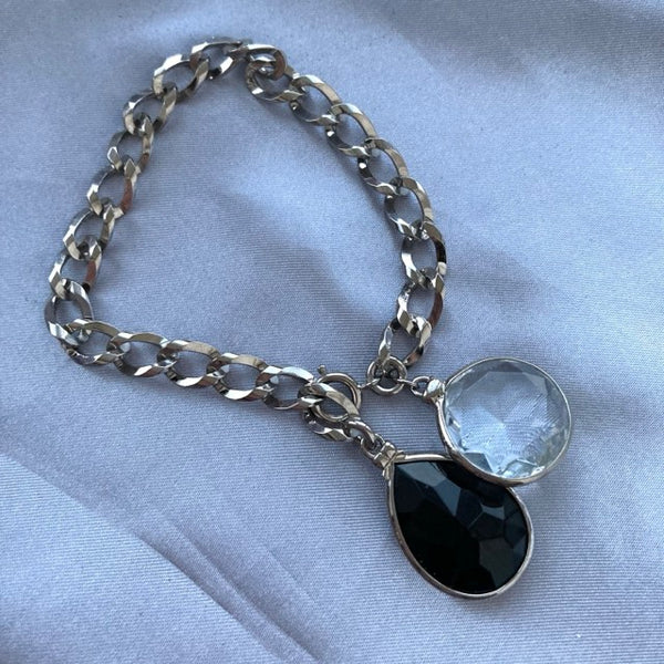 Vintage Bezel Black Clear Crystal Lariat Bracelet Silver tone