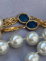 Vintage Long faux Pearl Blue bezeled Crystal Necklace