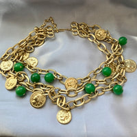 Vtg Multi Chain Choker Necklace  Green Coin Charms