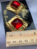Vintage Park Lane Red Lucite Goldtone Square Clip-on Earrings