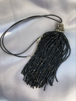 Vintage Black Glass Tassel Leather Cord Necklace