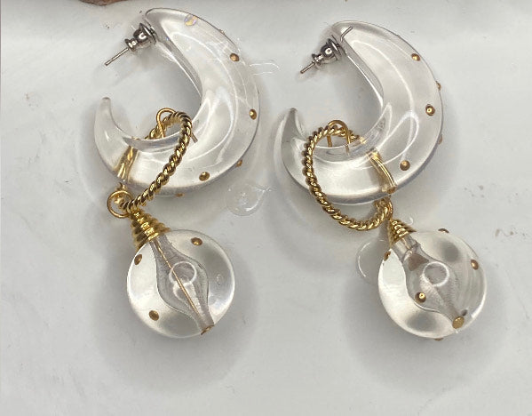 Vintage New Old Stock Clear Acrylic Hoop Gold Tone Statement Earrings