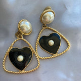 Vtg Heart EARRINGS Faux Pearl black enamel clip-on Gold tone