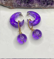Vintage New Old Stock purple Acrylic Hoop Gold Tone Statement Earrings