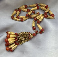 Vtg Red Orange Beaded Art Nouveau Tassel Fringe Necklace