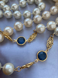 Vintage Long faux Pearl Blue bezeled Crystal Necklace