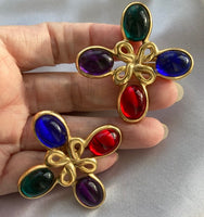 Vintage Maltese Cross Colorful Cabochon Clip-on Earrings