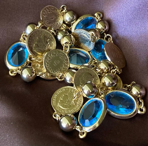 Vintage Long Coin Blue Bezel Acrylic Necklace