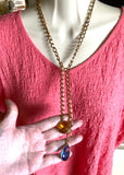 VTG Bezel Crystal Lariat Necklace Blue Gold Tone