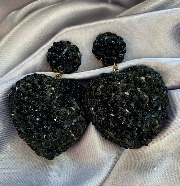 VTG Black sequin heart clip Earrings