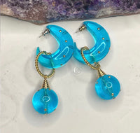 Vintage New Old Stock blue Acrylic Hoop Gold Tone Statement Earrings