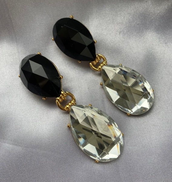 VTG Park Lane Black Faceted & Clear Crystal Teardrop Runway Earrings