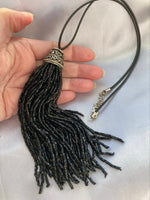 Vintage Black Glass Tassel Leather Cord Necklace