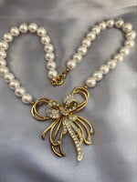Vintage Designer Craft Bow Pearl Crystal Necklace