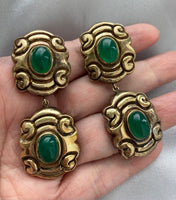 STUNNING GREEN GRIPOIX CABOCHON STERLING SILVER 925 GOLD VERMAY CLIP EARRINGS