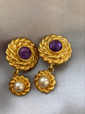 Lovely PURPLE Cabochon Gripoix Rope Pearl Dangle Clip on Earrings