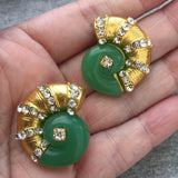 Faux Jade Snail Escargot Crystal Pierced Earrings