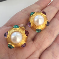 New Pearl Colorful Cabochon Button Earrings Pierced
