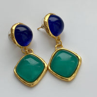 Colorful Cabochon Blue Green Drop Pierced Earrings