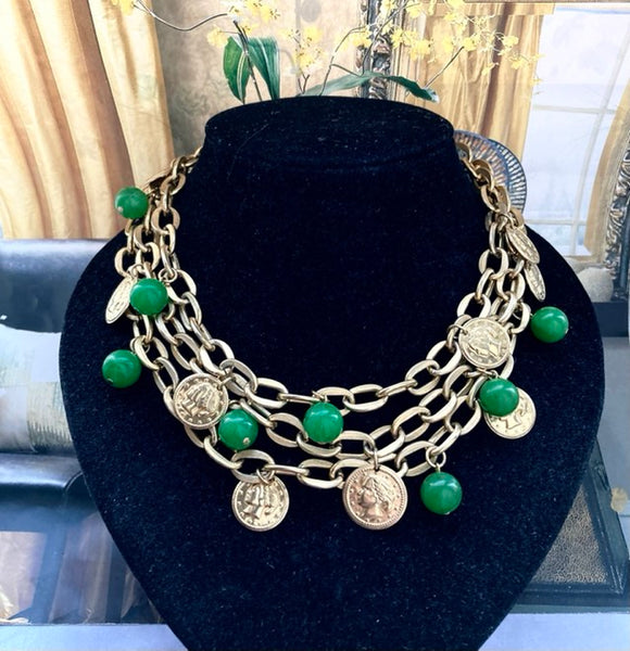 Vtg Multi Chain Choker Necklace  Green Coin Charms