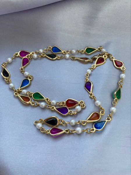 Vtg Pearl & Multicolor Teardrop Austrian Crystal Long Sautoir Necklace
