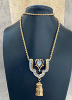 Vtg Tassel Rhinestone Black enamel Necklace