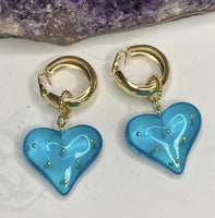 Vintage New Old Stock Aqua Heart Acrylic Hoop Gold Tone Statement Earrings