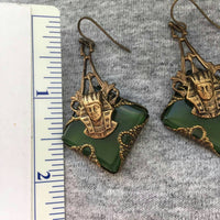 Unique! Green Crystal Pharaoh King Tut Earrings pierced antique Gold Tone metal dangle Egyptian chunky Sphinx figural dimensional Vintage