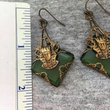 Unique! Green Crystal Pharaoh King Tut Earrings pierced antique Gold Tone metal dangle Egyptian chunky Sphinx figural dimensional Vintage