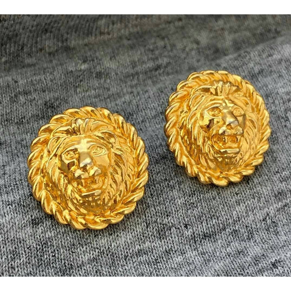 Chic! Anne Klein AK LION Round Earrings Pierced Rope Detail Gold Tone Chunky Animal Cat VTG Stud Couture statement Round designer Leo Zodiac