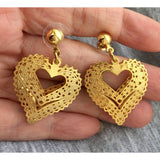 Gorgeous filigree puffed Heart  Earrings Gold Tone pierced dangle  Couture style designer quality rare vintage