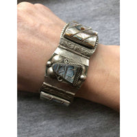 Wow Sterling silver 925 abalone shell inlay Bracelet Southwestern texco Mexico Link wide Chunky Bold Navajo Indian Aztec vintage jewelry 7"