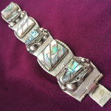 Wow Sterling silver 925 abalone shell inlay Bracelet Southwestern texco Mexico Link wide Chunky Bold Navajo Indian Aztec vintage jewelry 7"