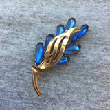 Pretty Vintage Floral Leaf Bouquet Blue rhinestone Brooch Pin Gold tone C Clasp scarf lapel unsigned hat adornment Victorian inspired