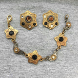 Edgy Newpro Bracelet Earrings Pierced Set Modernist Stars Moon celestial crystal Couture Designer Statement Gold bronze tones etched Rare